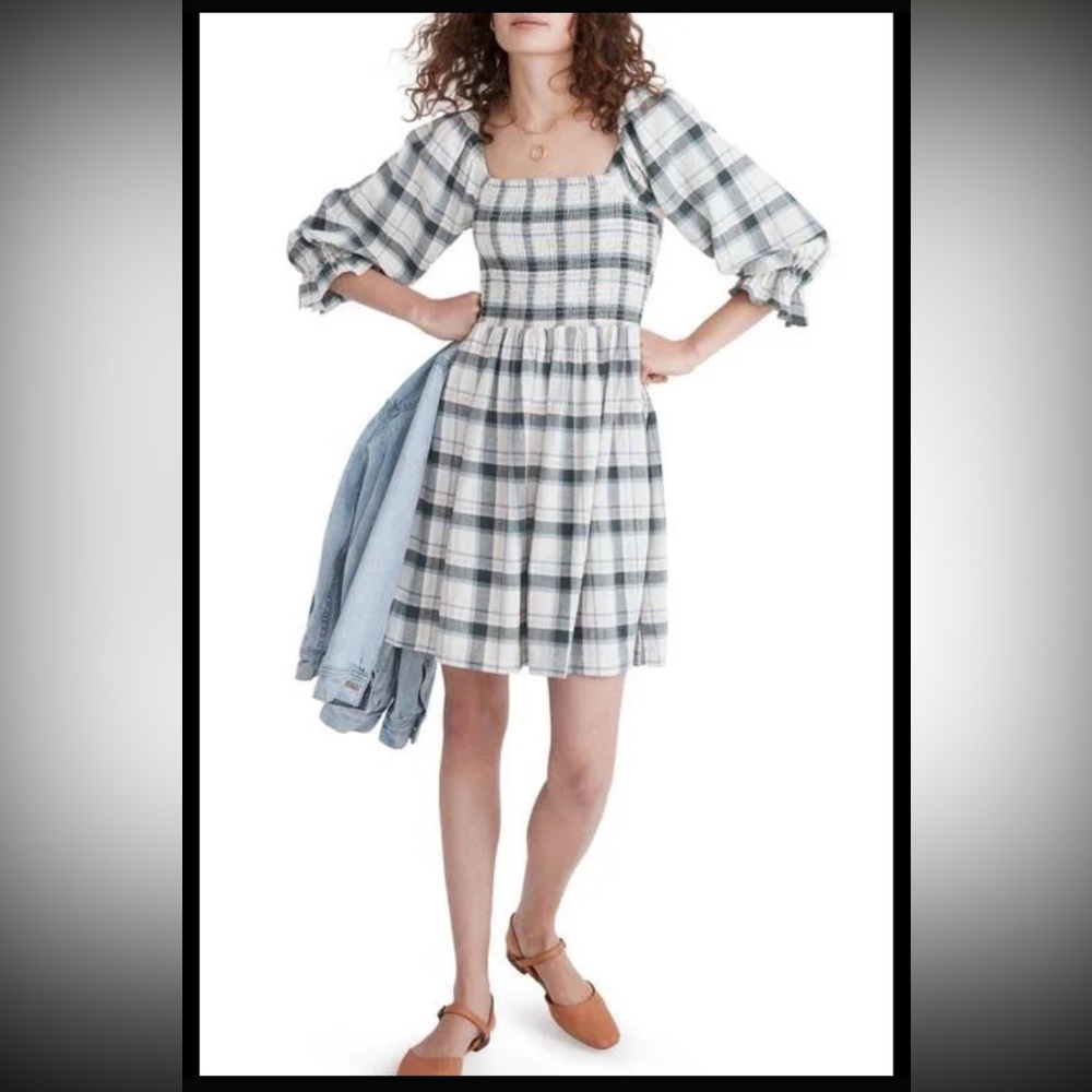 Madewell Lucie Elbow-sleeve Plaid Smocked Mini Dress in Lebaum Plaid size L